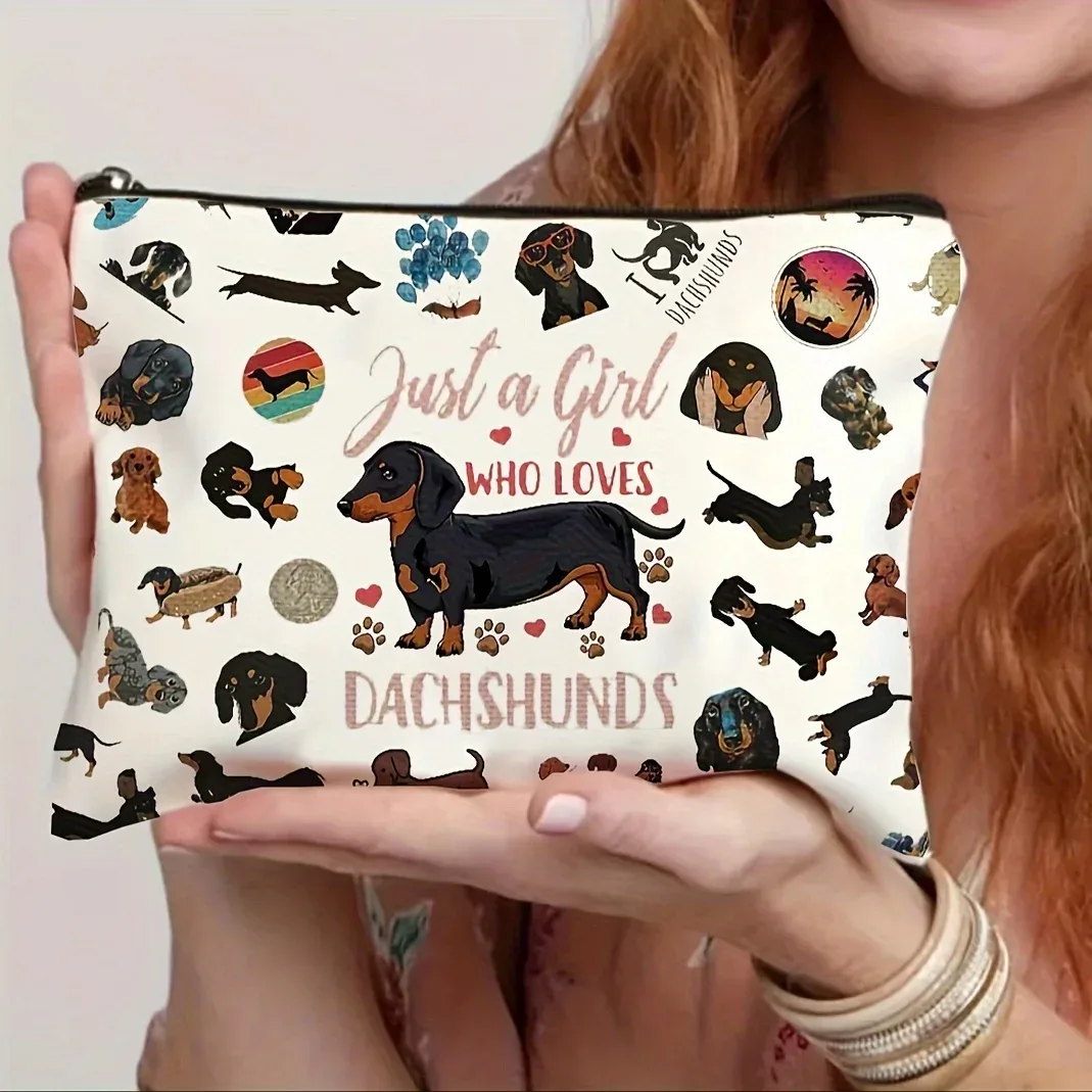 trousse de rangement pour cosmétiques et voyages pour femmes, jolie pochette de maquillage pour chien teckel avec fermeture à glissière, trousse de maquillage beige