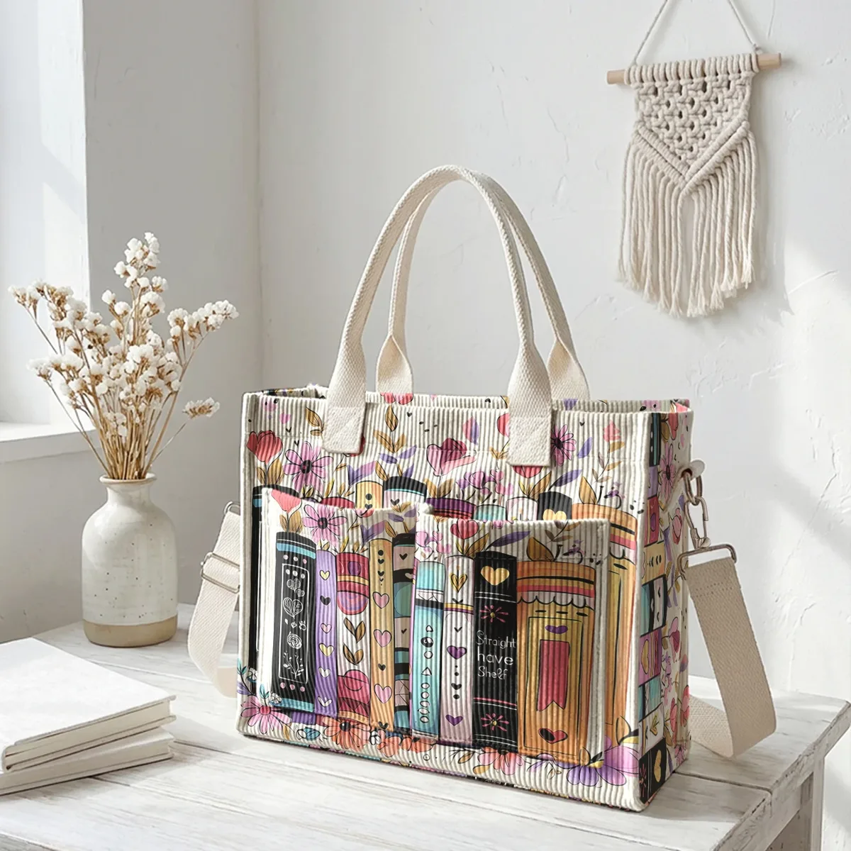 sac fourre-tout en velours côtelé imprimé livres et fleurs colorés, grande capacité, multi-poches, sac à bandoulière pour les trajets quotidiens