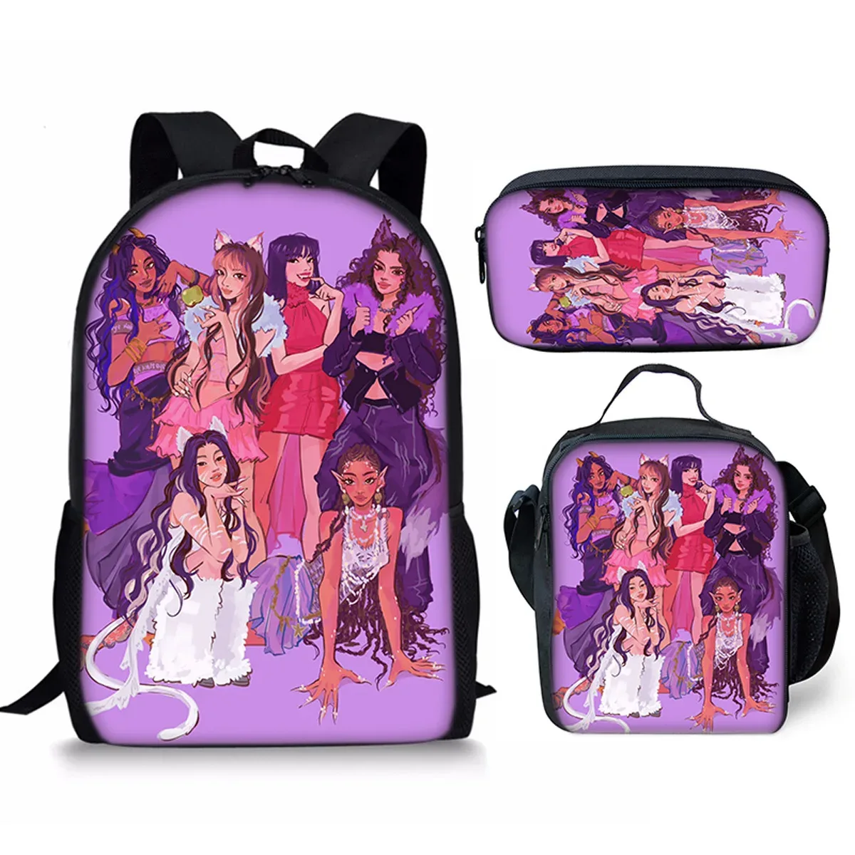 sac à dos scolaire classique populaire kpop katseye imprimé 3d, ensemble de 3 pièces, sac à dos pour ordinateur portable, sac à déjeuner, trousse à crayons