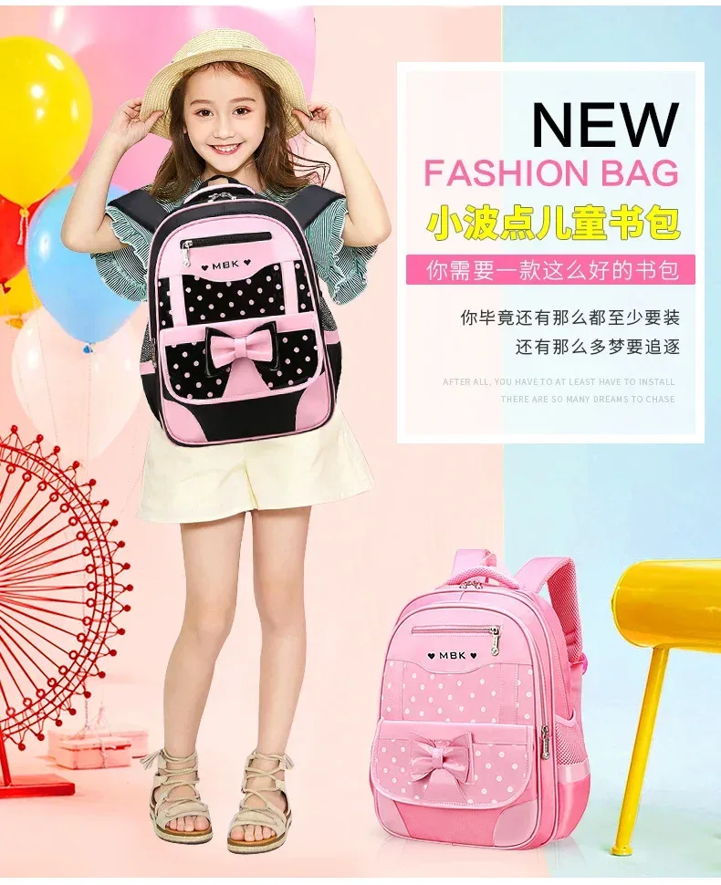 sac à dos scolaire léger pour filles de 6 à 12 ans, sac à dos élémentaire mignon à pois avec nœud et bretelles ergonomiques rembourrées