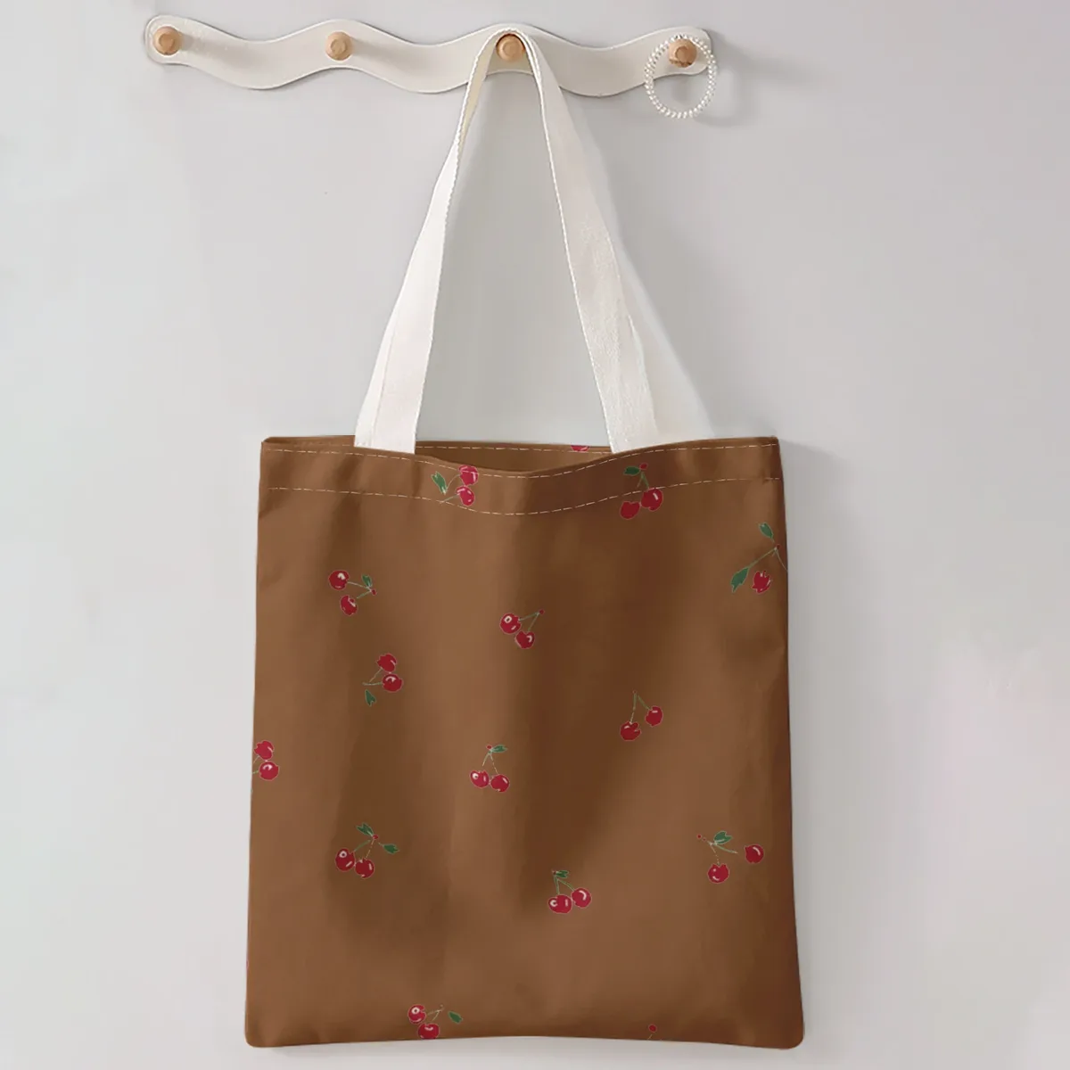 sac à main décontracté imprimé motif cerises, sac à dos réutilisable et tendance, sac à main multifonctionnel, sac de shopping en toile
