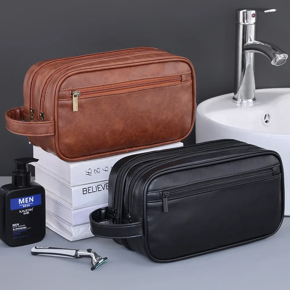 trousse de toilette double couche pour hommes, en cuir pu, organisateur de lavage de voyage, kit dopp, sac à cosmétiques de rasage résistant à l'eau, strorage