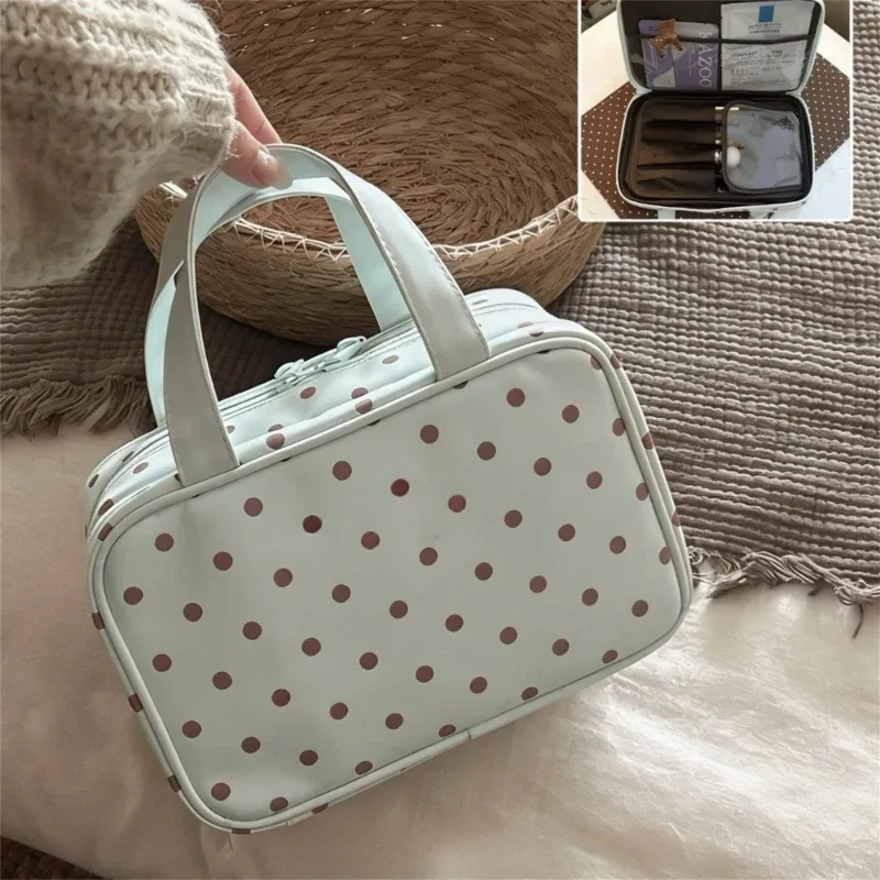 nouvelle trousse de maquillage portable grande capacité à pois avec 3 compartiments pour femmes, organisateur de voyage pour soins de la peau et pinceaux cosmétiques