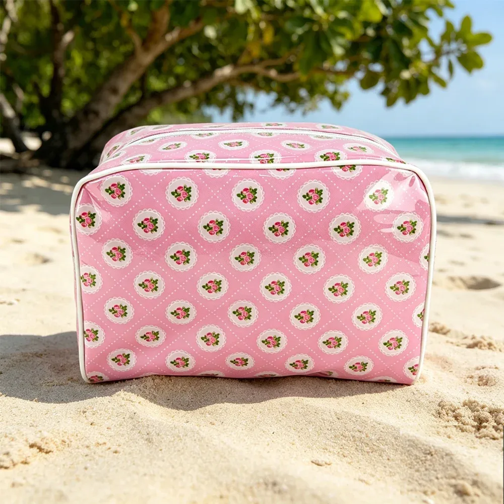 sac de rangement floral printemps-été, trousse de toilette portable mignonne pour femme, sac cosmétique imprimé en pvc transparent et nylon, pochette de voyage pour articles de toilette
