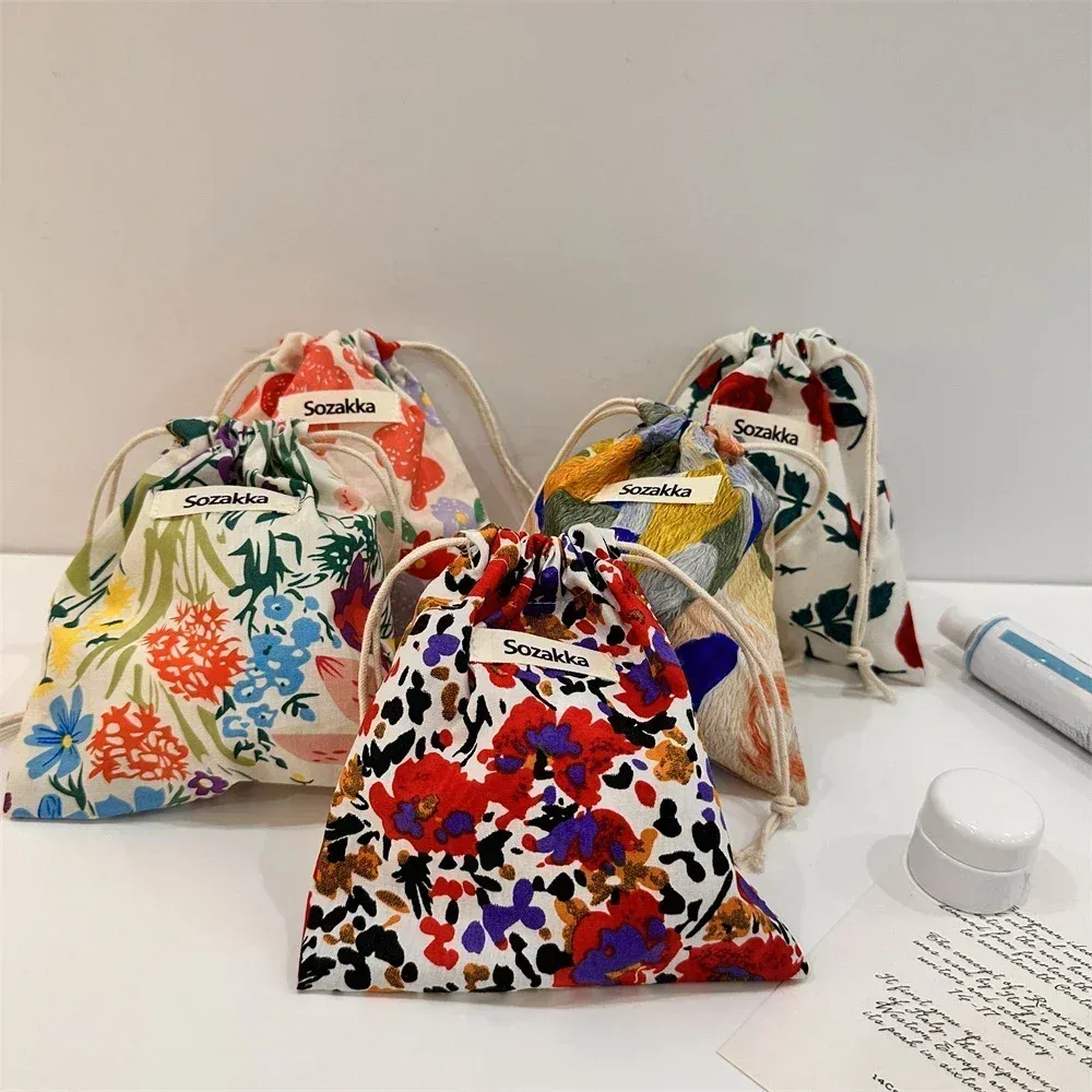sacs à main en tissu de coton floral, petit sac à cordon de proximité, rouge à lèvres, trousse de toilette, trousse de maquillage, pochette à monnaie, sac de rangement pour écouteurs prédire