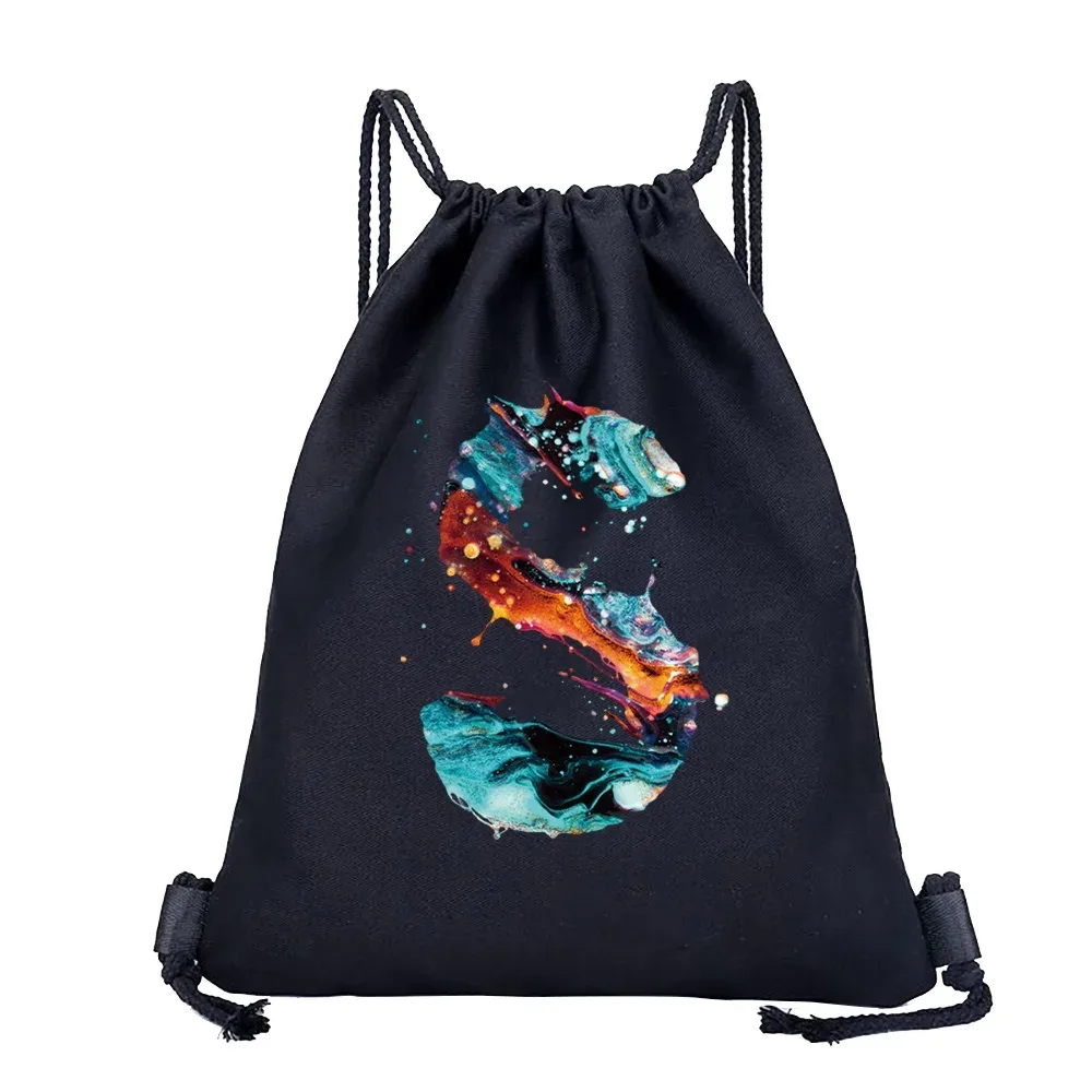 sac dos lin noir motif multicolore compact pliable cordon serrage poignées souple grande capacité sports plein air harajuku polyvalent