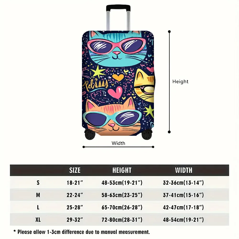housse valise polyester joyeuse chats lunettes coeurs étoiles fleurs fond noir protection voyage taille variable