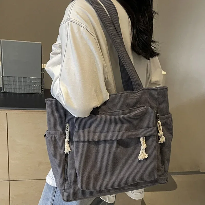 sac fourre-tout en velours côtelé grande capacité pour femme, sac à main multi-compartiments robuste, sac à bandoulière avec sangle fixe et fermeture éclair