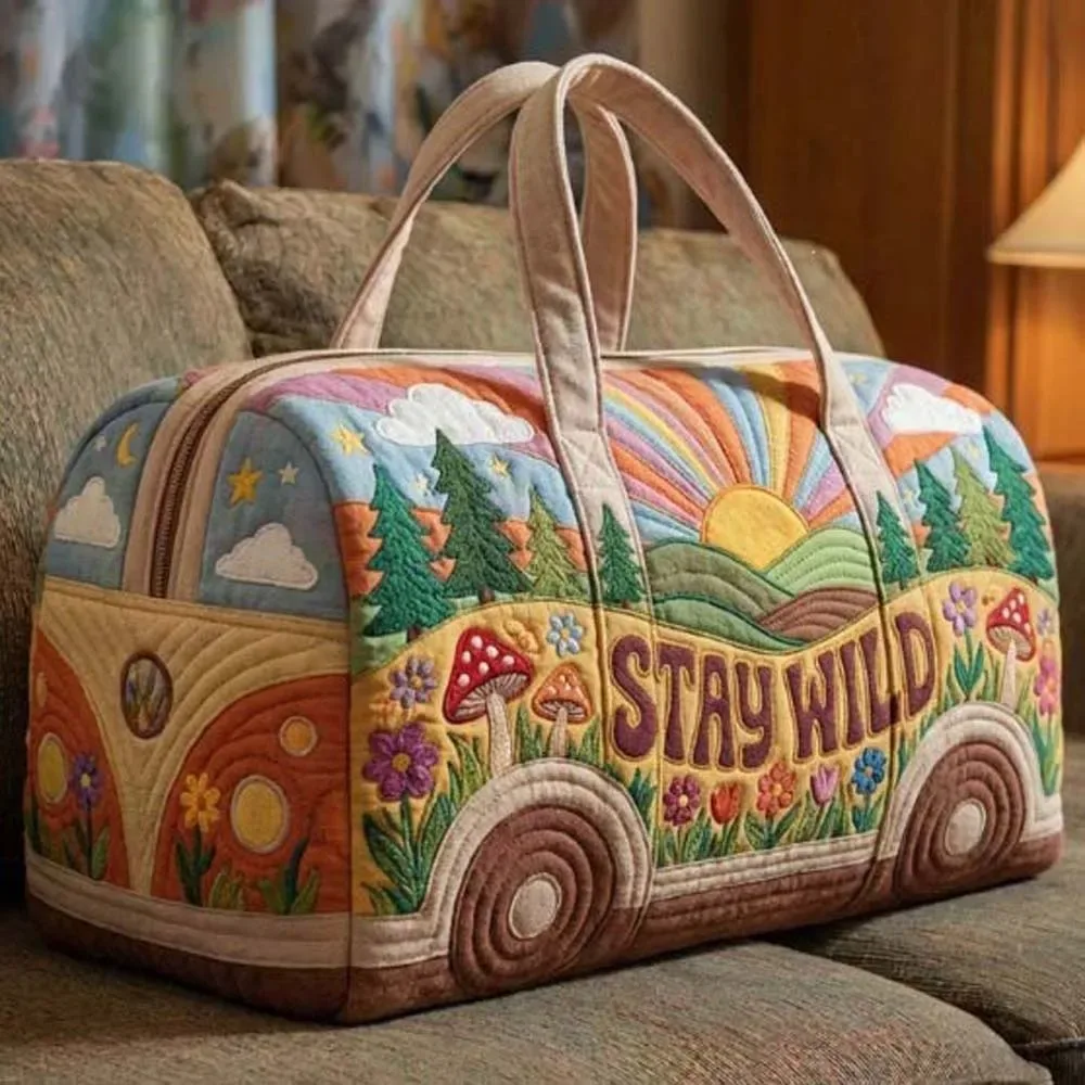 sac de voyage matelassé grande capacité en forme de bus imprimé, en matériau souple, style rétro