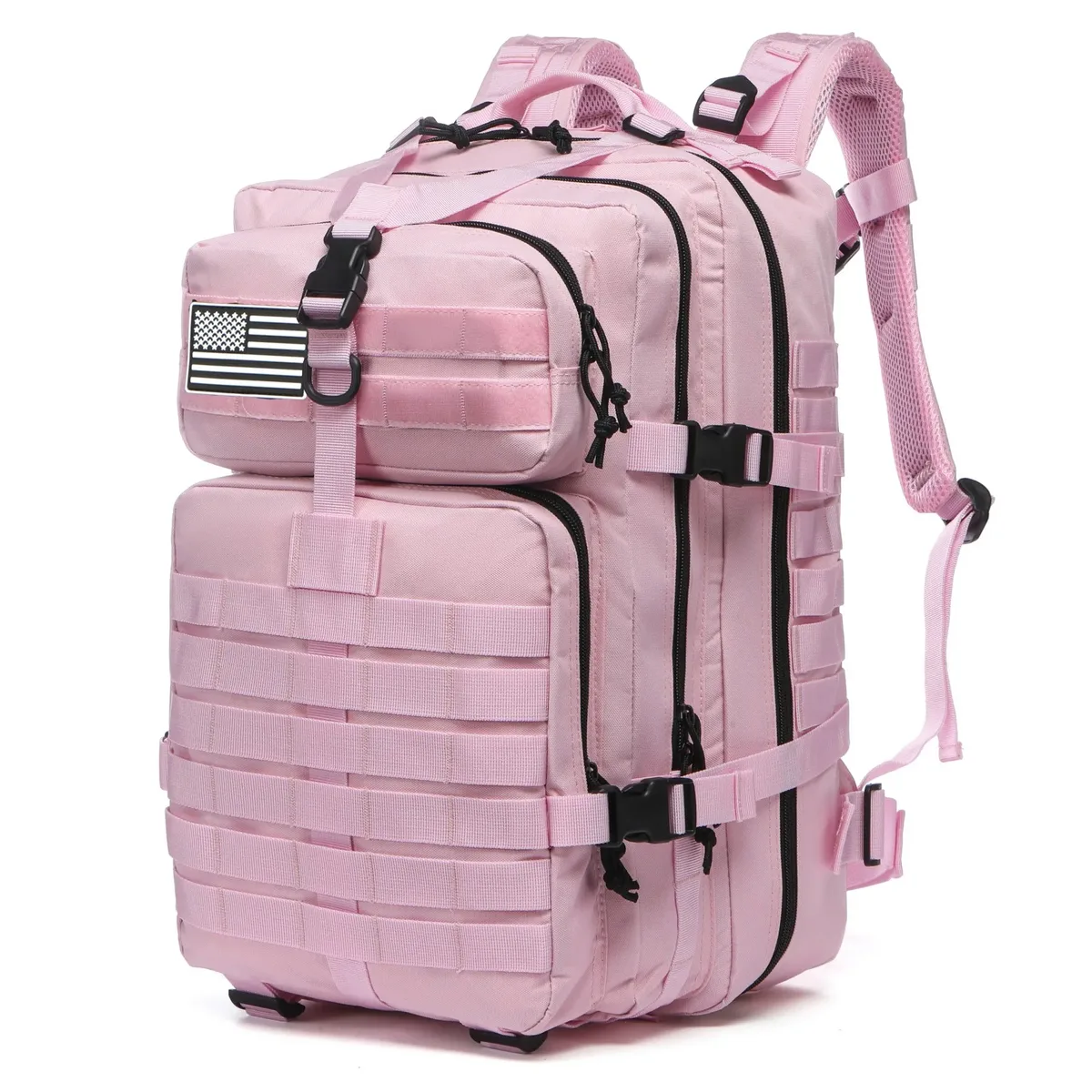 Sac Dos Nylon Rose Bandes Horizontales Poche Latérale Drapeau Américain Sangles Ajustables Grande Capacité Voyage Randonnée