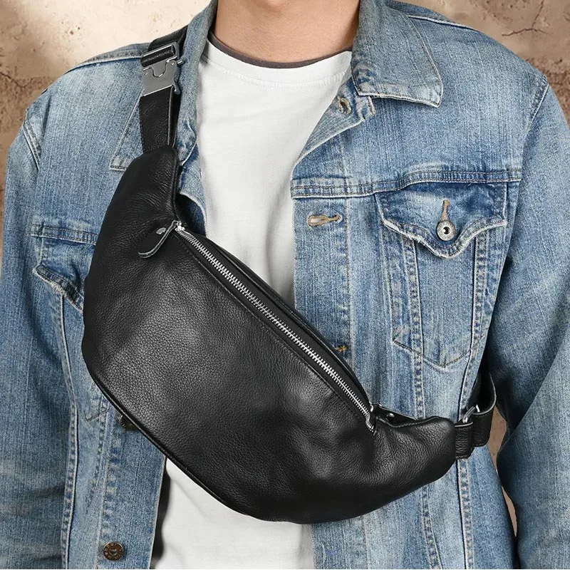 sacs de taille en cuir véritable pour hommes, sac banane, pochette pour téléphone, mini sac de poitrine de voyage, sac à bandoulière, pochette en cuir noir
