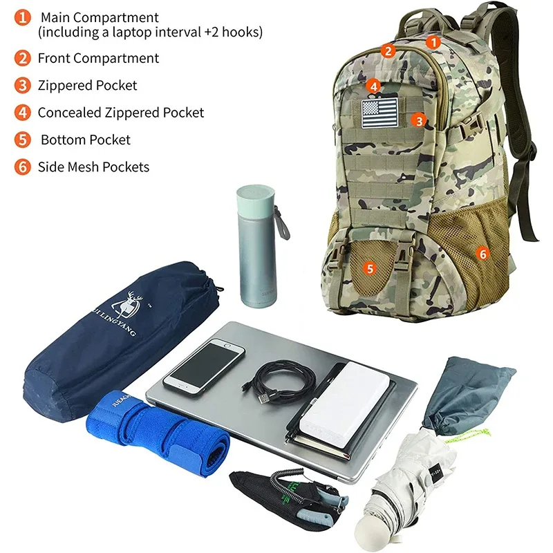 sac à dos de randonnée militaire pour hommes et femmes, sac à dos de chasse, sac à dos molle, sac à dos de trekking, sac à dos de randonnée extérieur edc, 35l