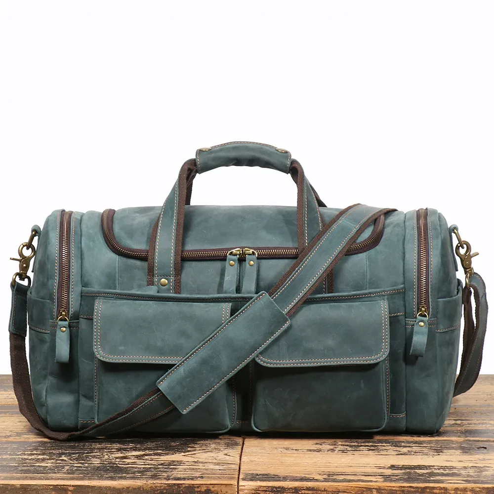 sac à main rétro marron pour hommes, sacoche en cuir de cheval fou, sac de voyage de grande capacité, sac d'affaires de week-end, sacoche à épaule unique