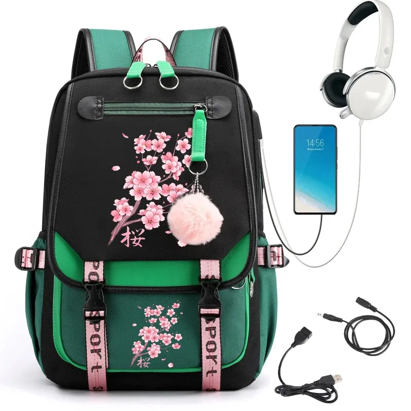 sac à dos d'école kawaii pour filles, sac à livres mignon, sakura tombant, aucune fleur, adolescentes, étudiant, sac de voyage lancé
