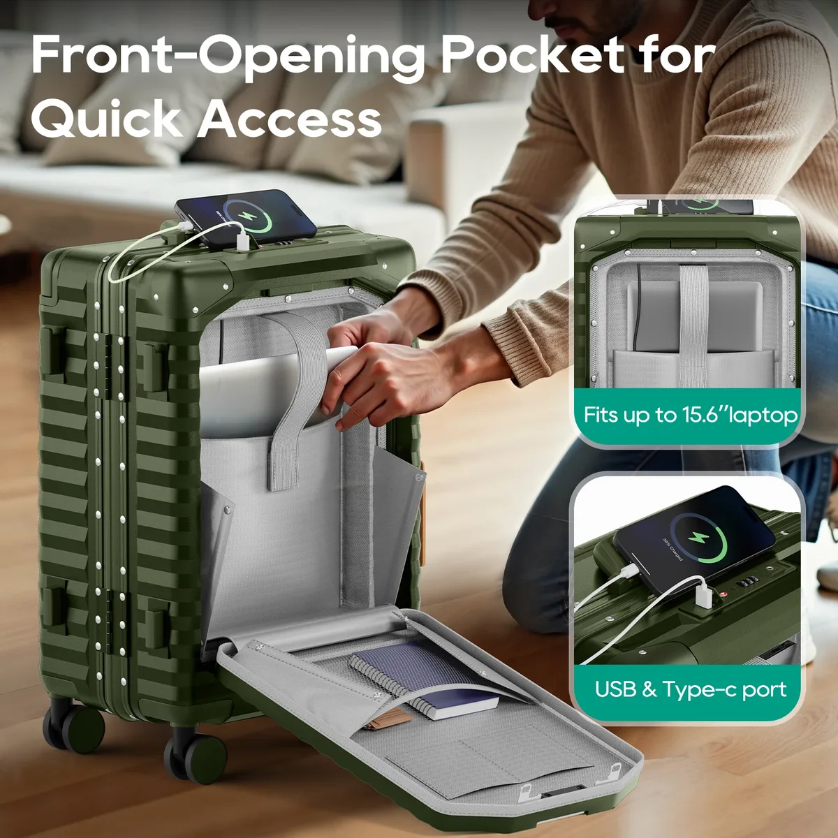 valise joyway 20 pouces en aluminium avec poche avant, port usb, porte-gobelet, serrure tsa et roulettes pivotantes