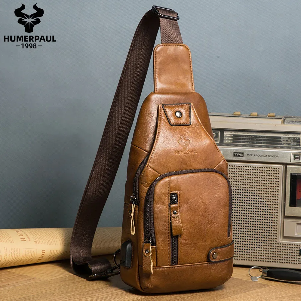 humerpaul-sac de poitrine usb pour homme, 100% cuir véritable, sacs à bandoulière initiés, sac de messager extérieur multifonction, mode