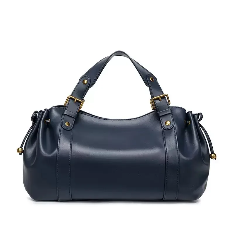 sac fourre-tout vintage en cuir souple plissé avec cordon de serrage, grand sac à bandoulière simple pour femme, sac de travail boston