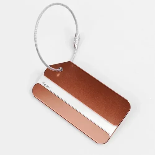 étiquette bagage métallique orange blanche bande horizontale géométrique identification voyage accessoires voyage porte adresses
