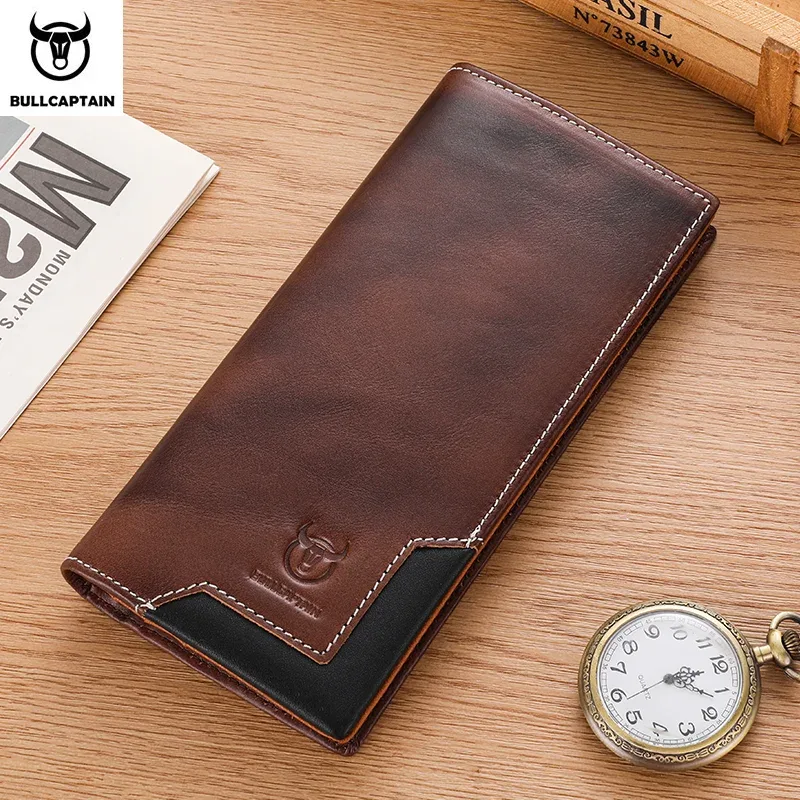 bullcaptain – sac à main long en cuir véritable pour hommes, fonction rfid, porte-carte de crédit, porte-monnaie en cuir, portefeuille multifonctionnel