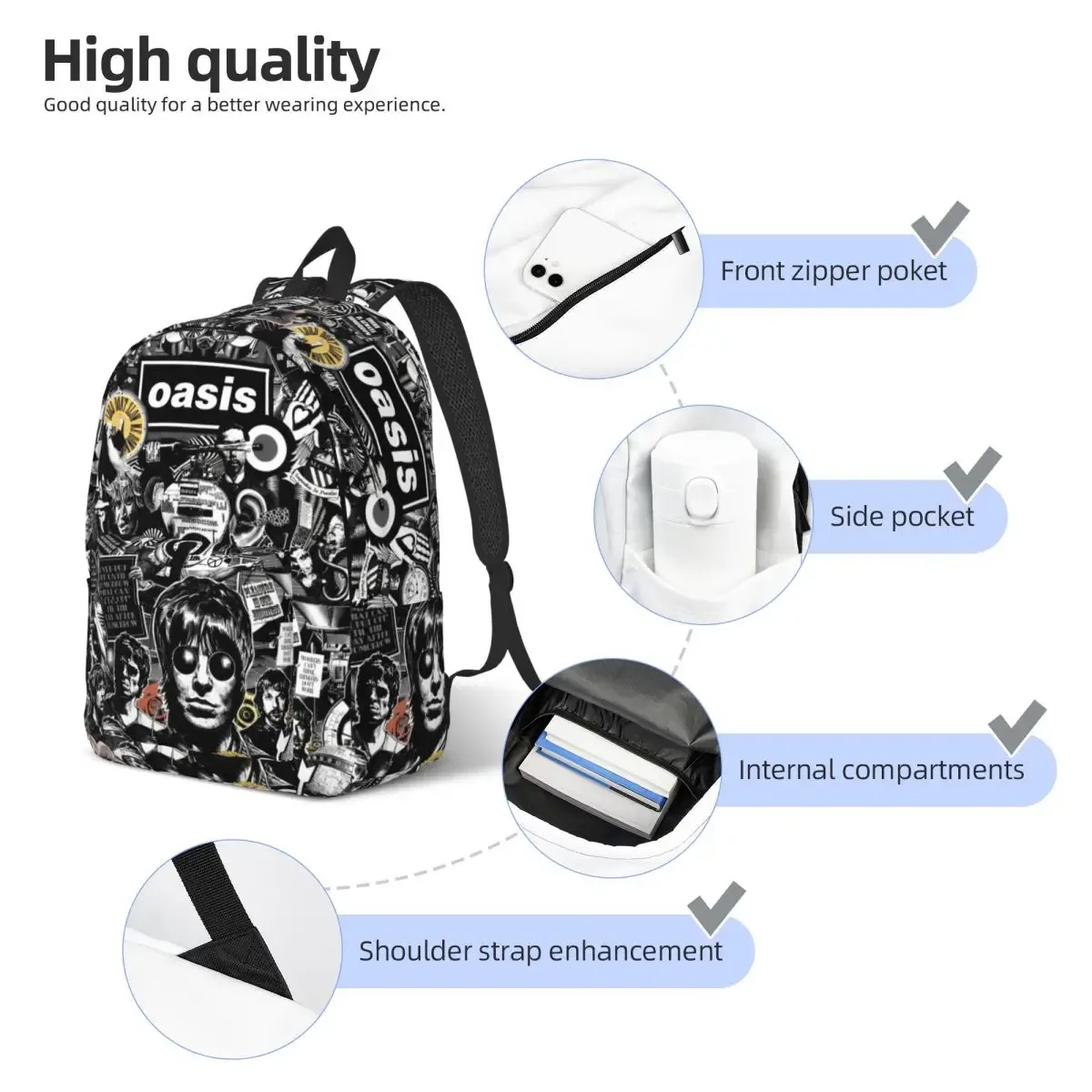 rock band albums de musique britanniques sac à dos classique cadeau étudiant travail o-oasis sac à dos pour hommes femmes collège sacs en toile