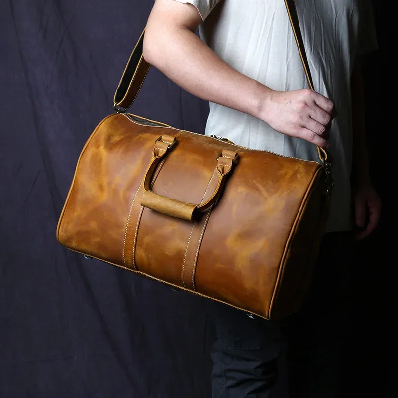 sac de voyage rétro en cuir pour hommes, sac à bagages de grande capacité en cuir de cheval fou, couche supérieure en peau de vache, sac diagonal portable pour hommes nzpj