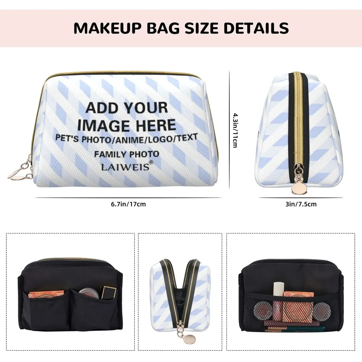 sac de rangement cosmétique en cuir avec nom personnalisé, logo personnalisé, sac de maquillage classique, escales simples, sac de lavage à fermeture éclair avancée