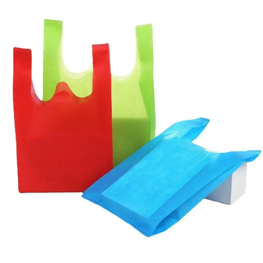 sac de courses non tissé de couleur unie, fourre-tout portable de grande capacité réutilisable, sac de rangement de jouets épais durable 50 pièces