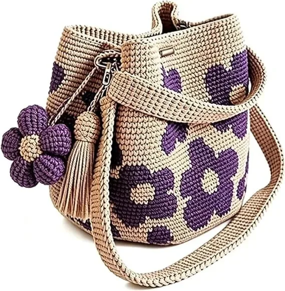sac fourre-tout en crochet fait main avec fleurs, sac à main floral tricoté, sac de plage tissé style bohème