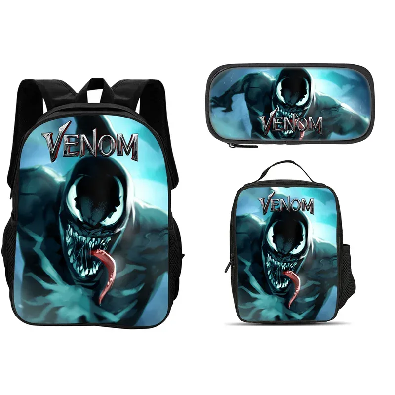 ensemble de 3 pièces du film venom : sac à dos + sac à lunch + trousse à crayons, papeterie de voyage à la mode, cadeau pour enfants, école, polyvalent