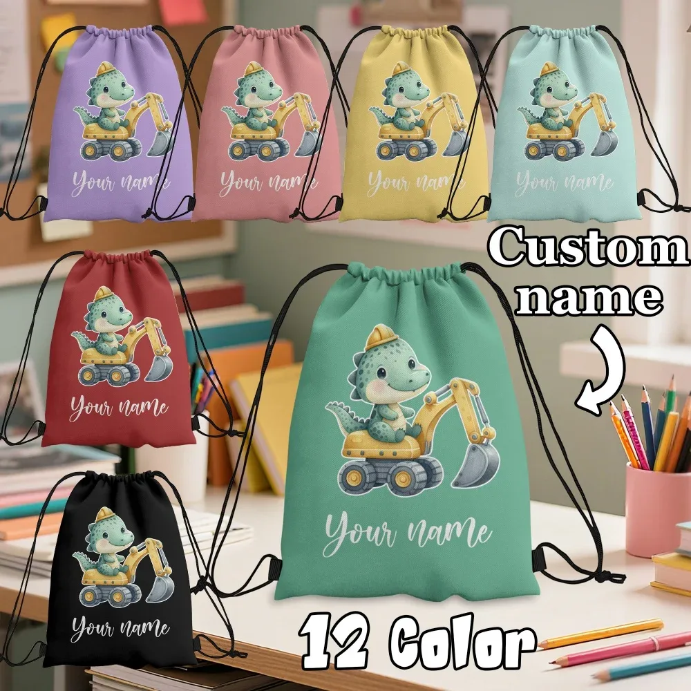 sac à dos personnalisé avec nom/texte dinosaure et excavateur, sac de sport personnalisé, sac de voyage léger, sac de rangement pour salle de sport, 12 couleurs