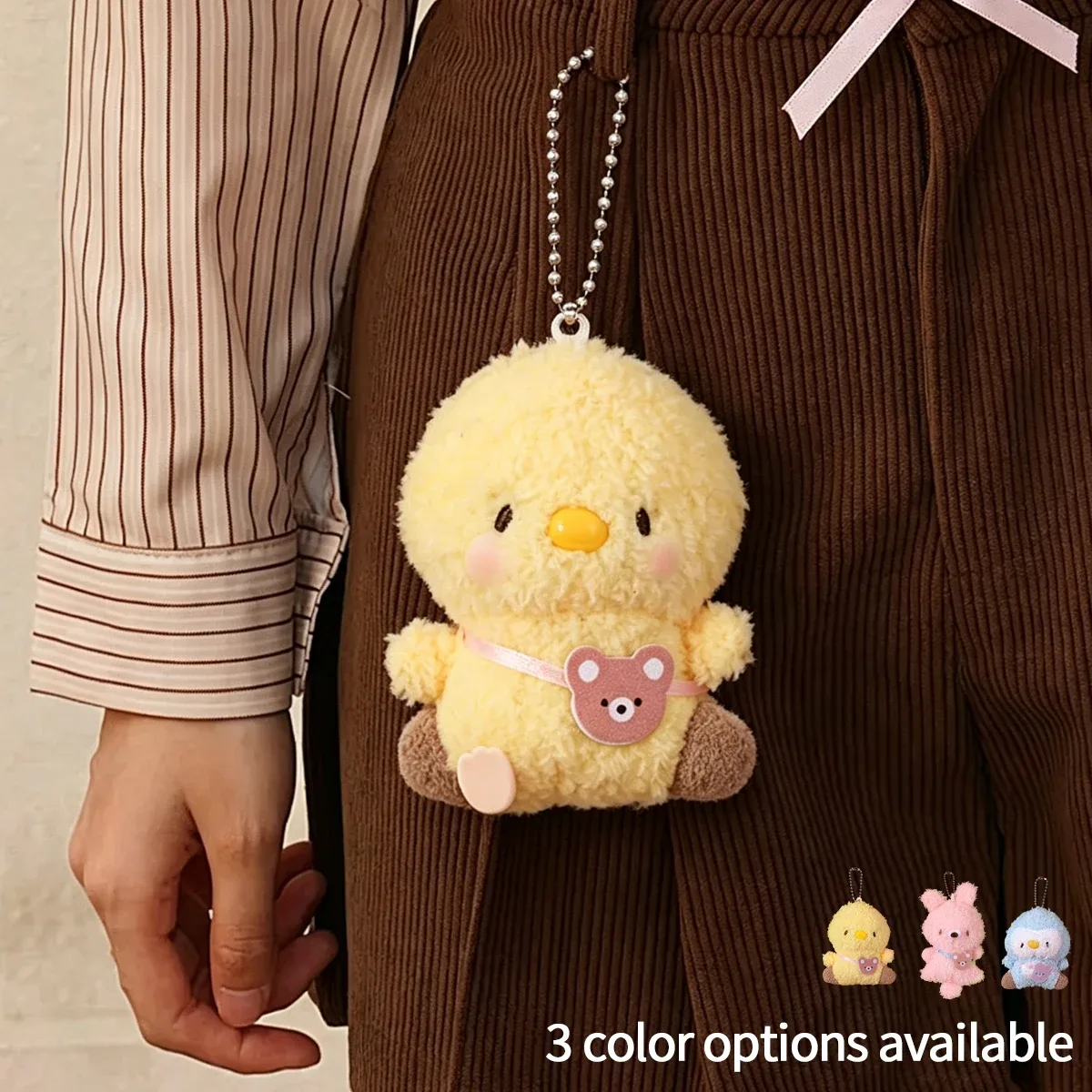 porte-clés en peluche mignon et moelleux, pendentif de dessin animé lapin rose et poussin jaune avec étiquette ours, animal en peluche doux pour sac à dos