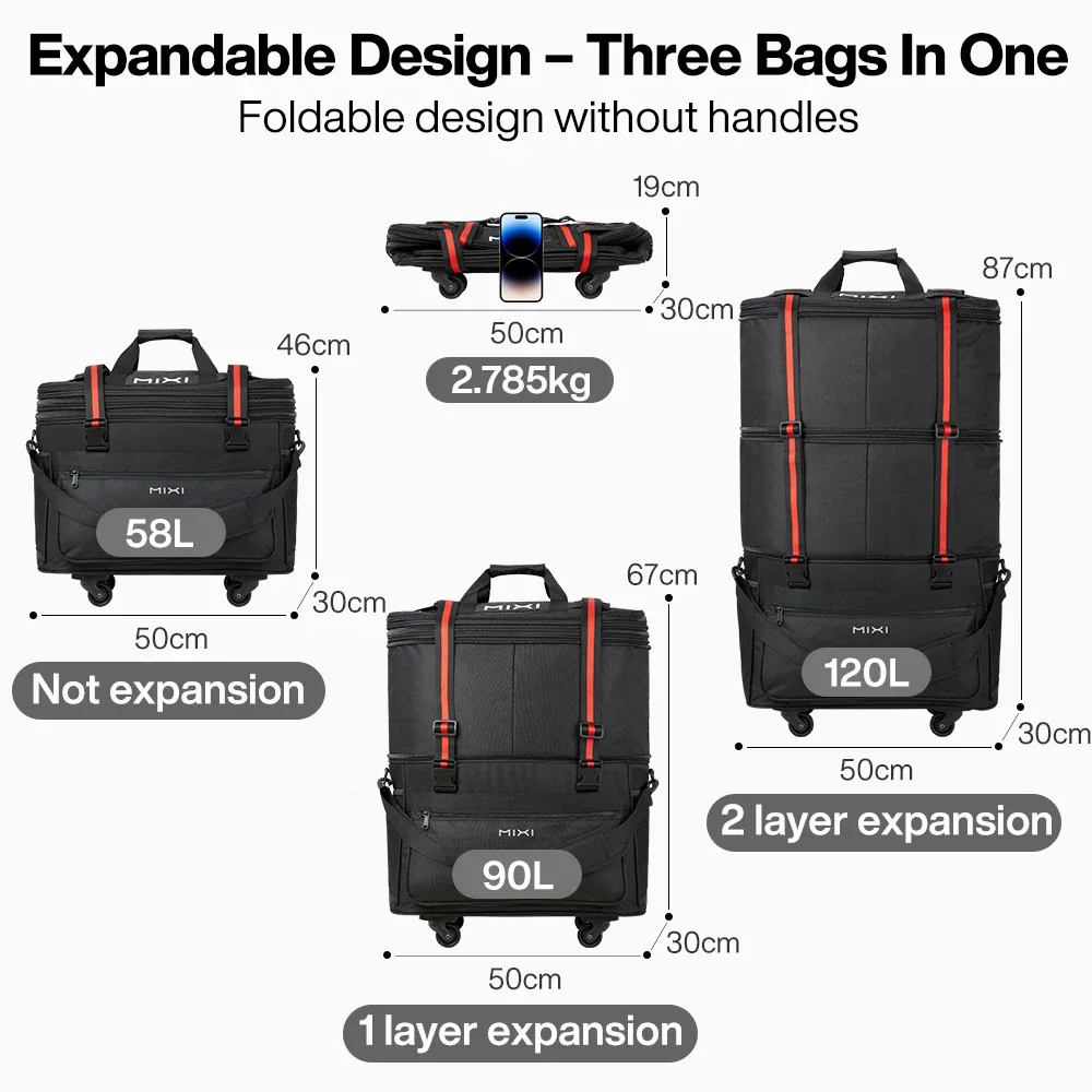 sac de voyage pliable à grande capacité extensible mixi avec roulettes, sac à bagages, sac de sport m3015