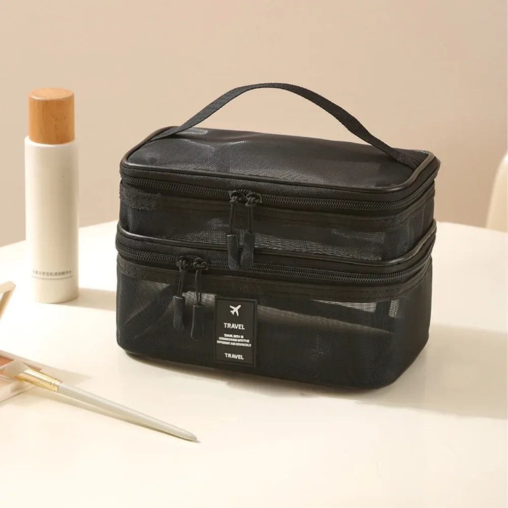 sacs cosmétiques en maille à fermeture éclair, transparents, grande capacité, sac de rangement double couche, organisateur multifonctionnel pour articles de toilette portables