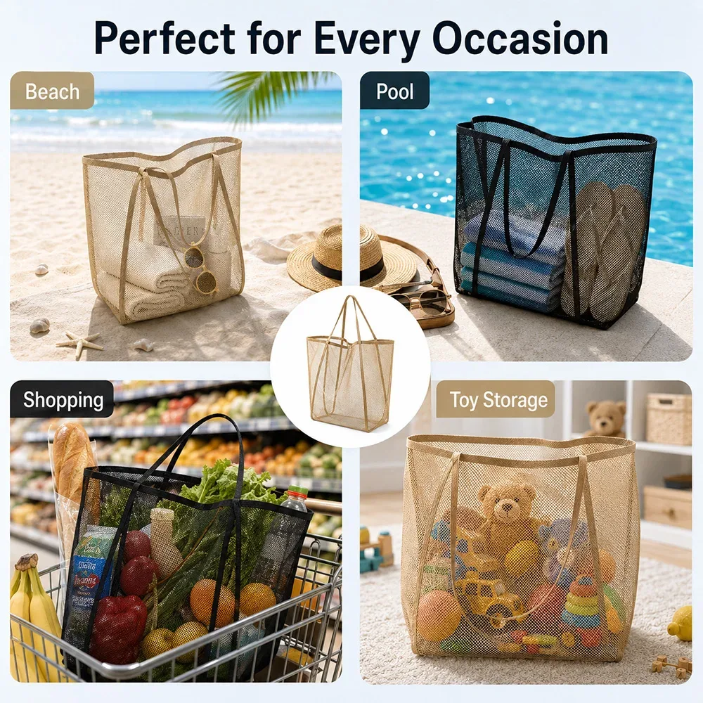 sac de plage en maille portable, léger, respirant, à séchage rapide, sac de voyage pour les sorties à la plage, les activités de plein air, le rangement des serviettes et des jouets