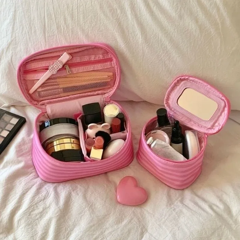 grande trousse de toilette de voyage pour femmes, organiseur de cosmétiques, étui de rangement, sac à main rose rayé tendance, sac à cosmétiques pour femmes