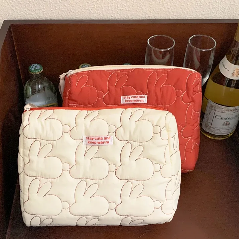 mignon femmes portable lapin matelassé coton sac cosmétique sac à main dame fourre-tout pochette de maquillage organisateur de voyage sacs de rangement avec fermeture éclair