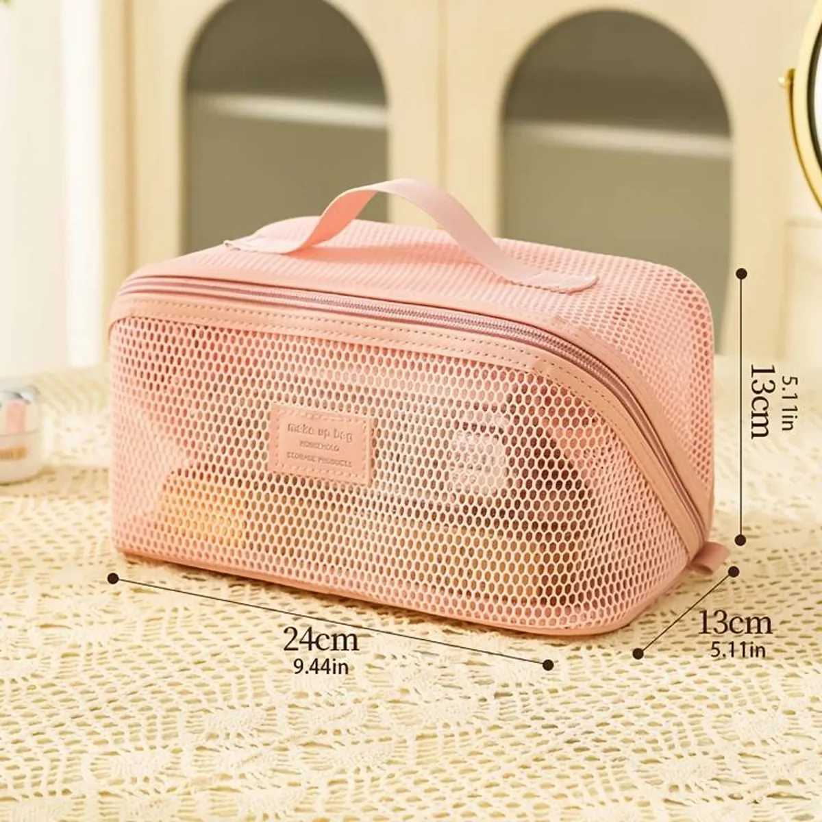 sac cosmétique en maille pour femmes, sac de rangement pour cosmétiques de voyage de grande capacité, trousse de toilette portable
