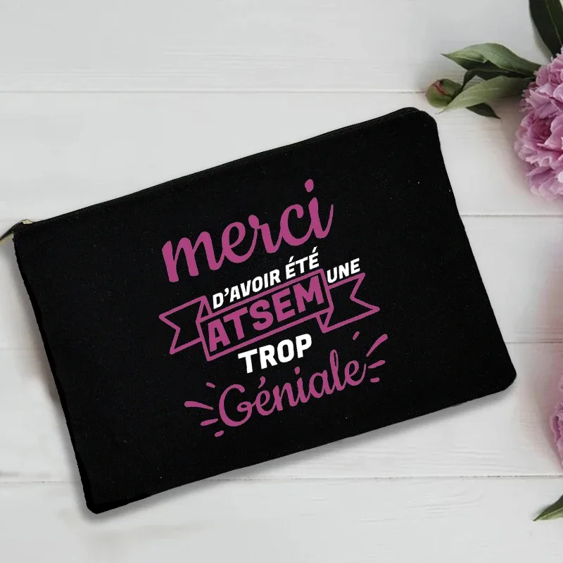 trousse de toilette voyage pochette maquillage cadeau maitresse sac de rangement imprimé français pour enseignant, pochette de poignet noire, sac de voyage de lavage, cadeaux pour enseignant, merci maîtresse