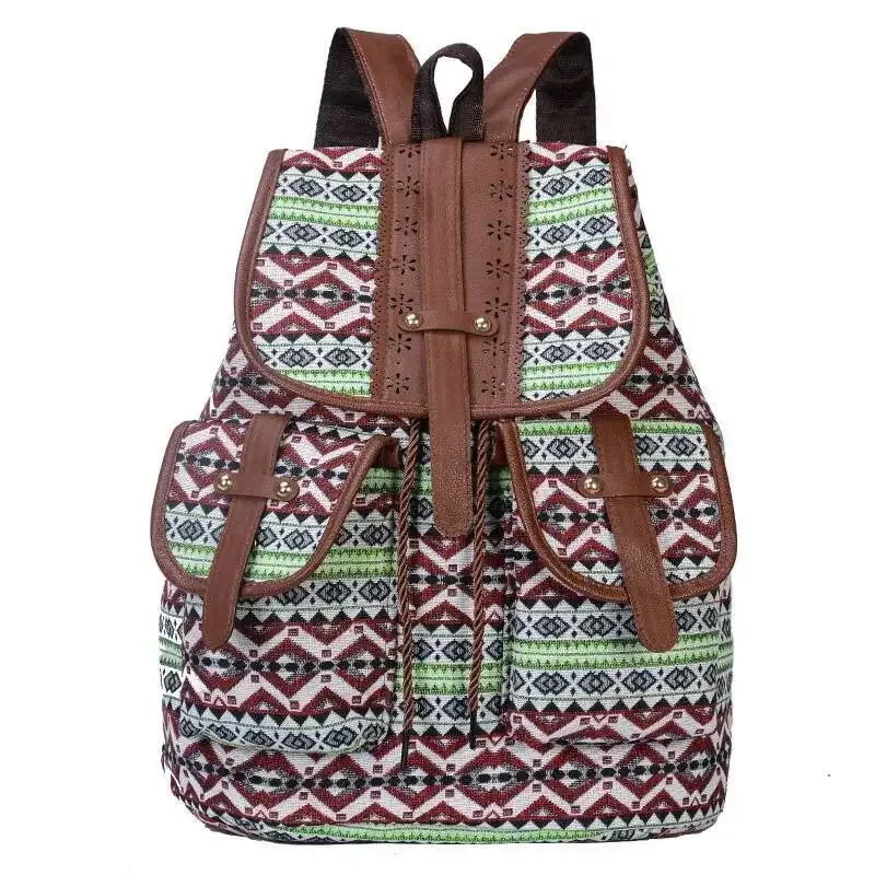 sac à dos tendance de grande capacité pour femmes, sac à dos décontracté avec cordon de serrage, motif géométrique, style national et exotique