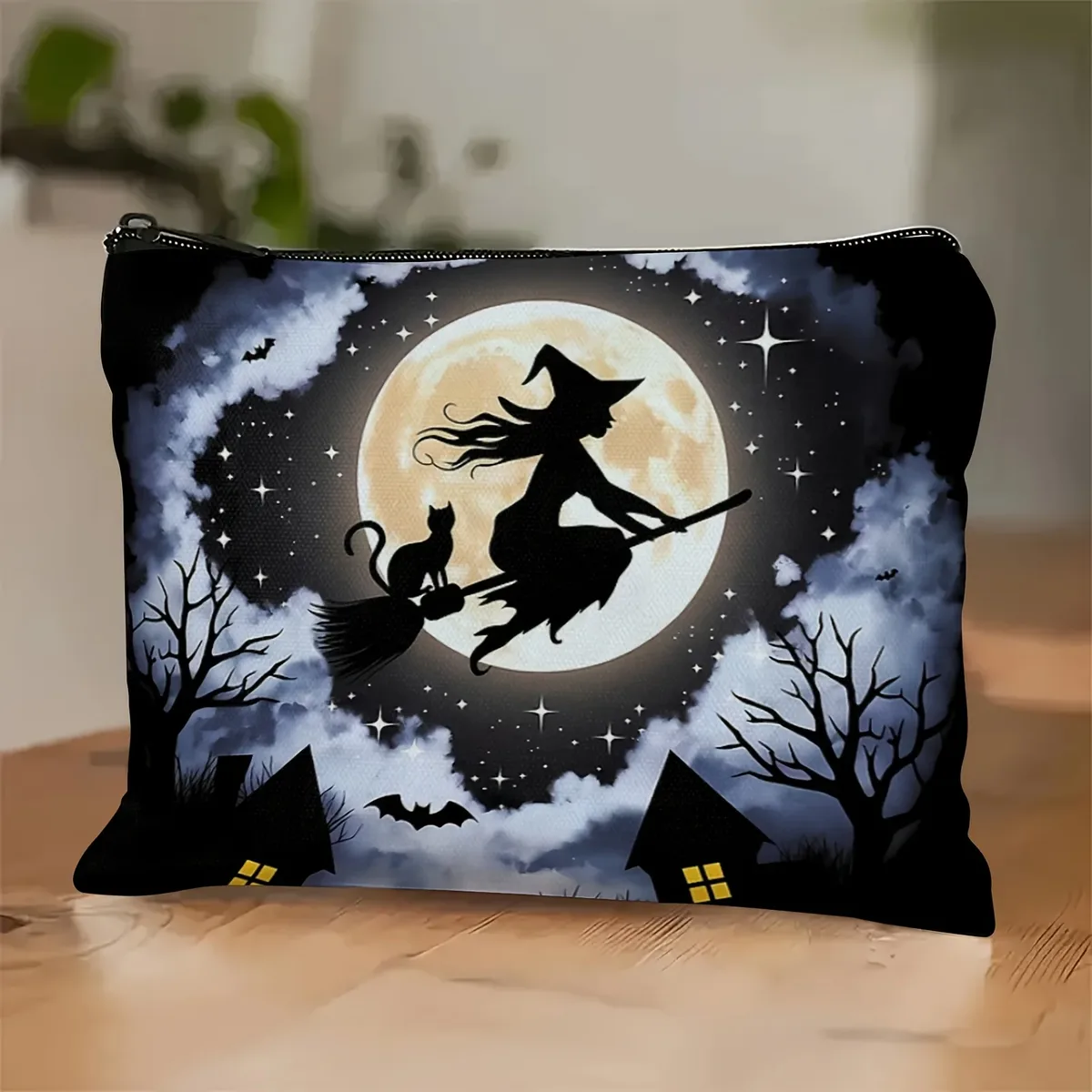 trousse de maquillage forêt enchantée sorcière et chat pleine lune – pochette cosmétique thème halloween effrayant avec chauves-souris, étoiles et motif pleine lune