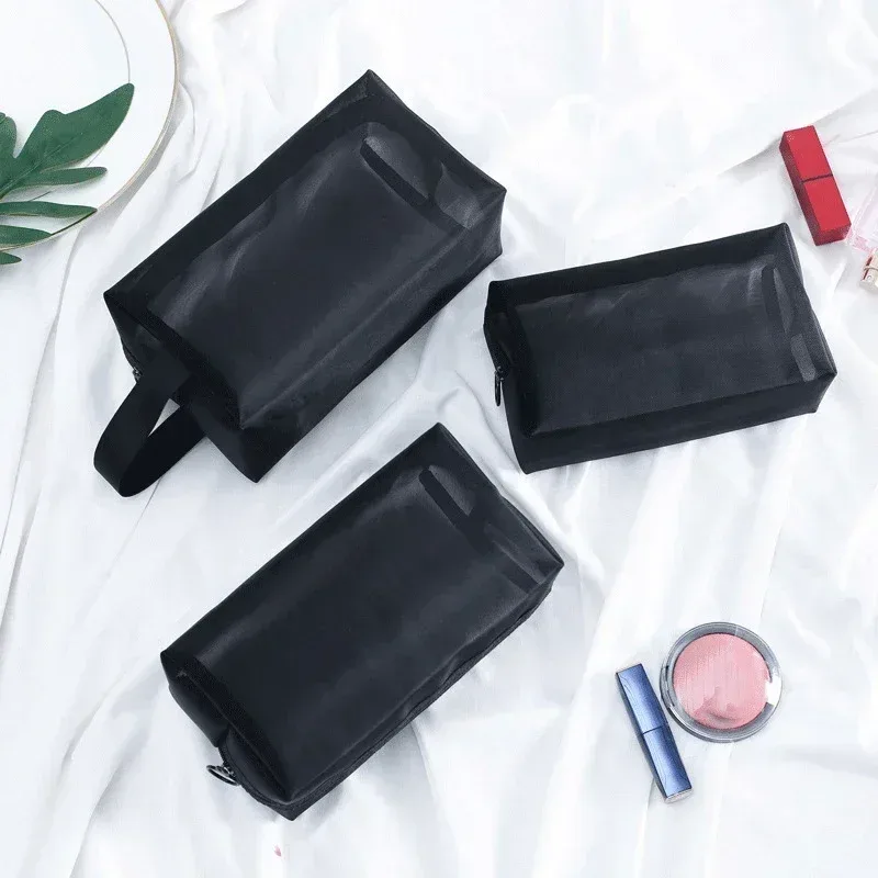 trousse de maquillage en maille noire pour femme, sac à cosmétiques transparent, petits et grands sacs de rangement portables, articles de toilette de voyage, évaluateurs de serviettes