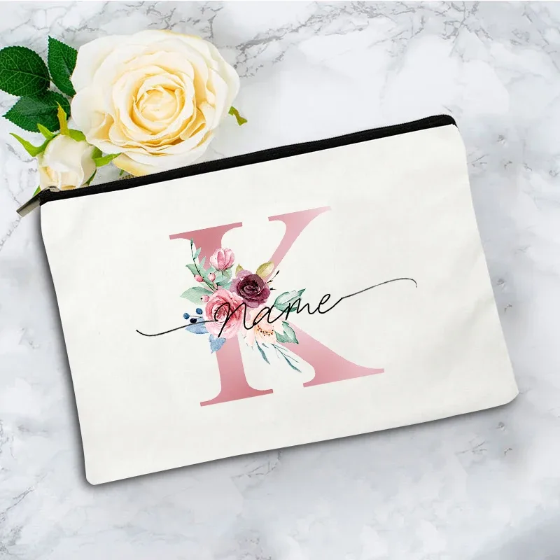 trousse de maquillage personnalisée rose à motifs floraux avec initiale, pochette cosmétique en toile personnalisée, organisateur de voyage pour articles de toilette pour femmes