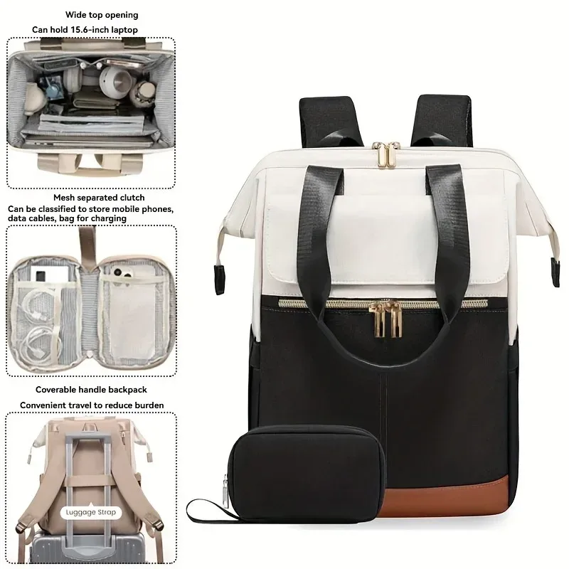 Sac à dos de couleur contrastée pour bagages, sac pour maman, sac à dos de voyage minimaliste pour ordinateur portable de 15.6 pouces pour femmes, sac à déjeuner