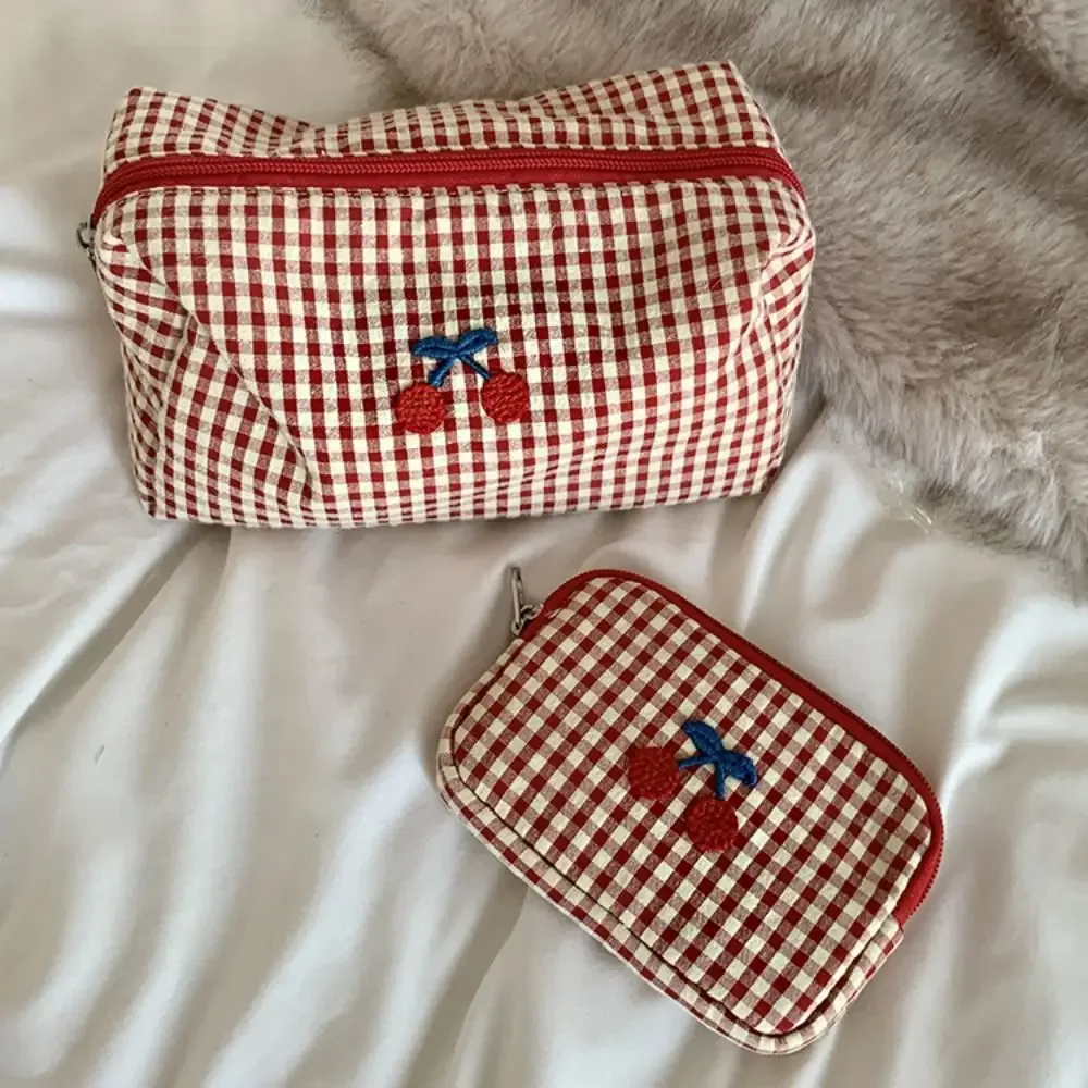 sac de maquillage portable en coton à carreaux, pochette multifonctionnelle, trousse à cosmétiques cerise, porte-cartes, sac de rangement de voyage en tissu