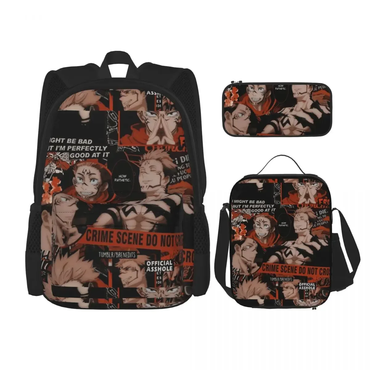 sac dos polyester noir motif animé format grand volume usage étudiant lycéen informatique bandes latérales pochette stylos sac main assorti
