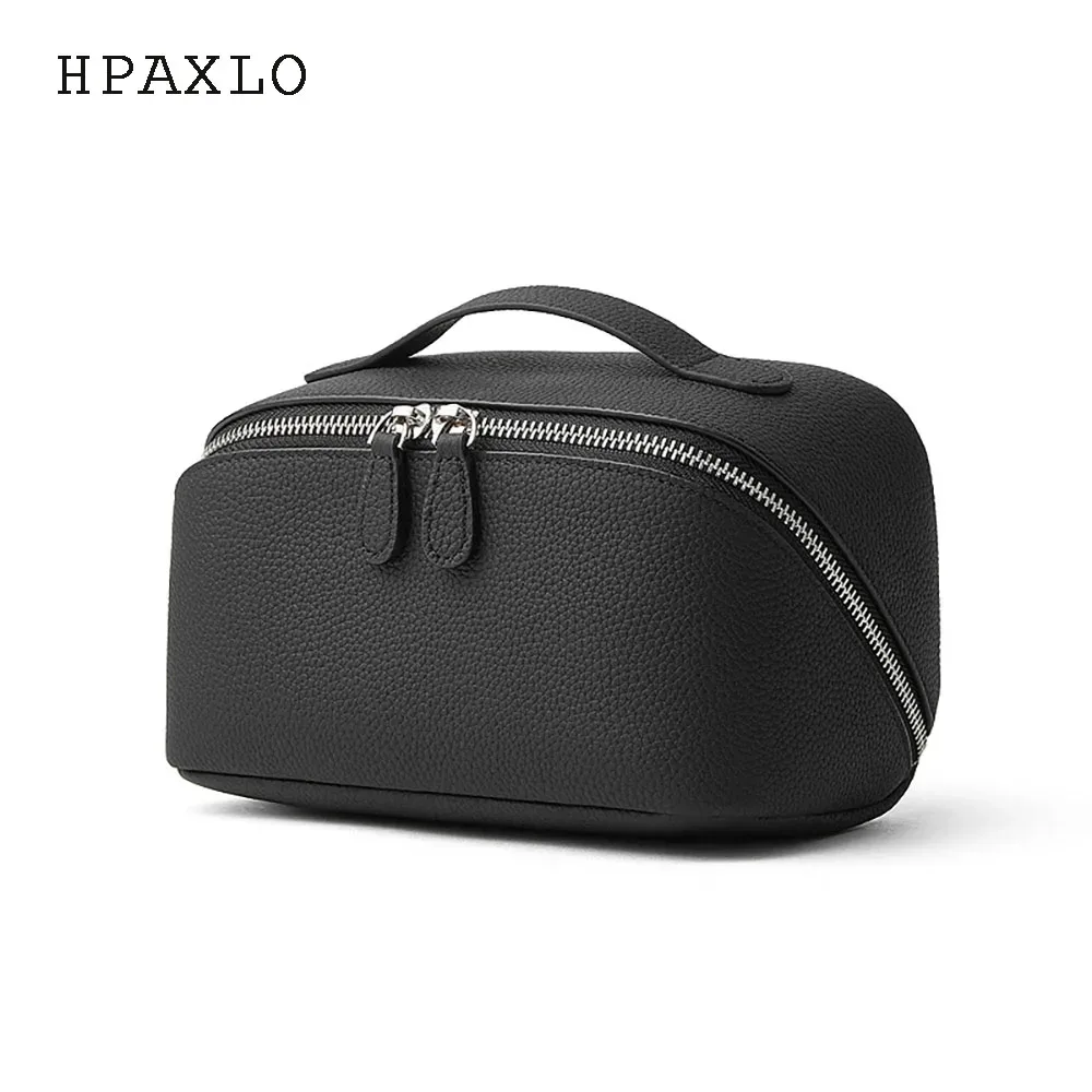 sac à cosmétiques en cuir véritable, design classique, multifonction, trousse de toilette de voyage, portable, simple, organiseur pour femmes, sac à main, trousse de maquillage