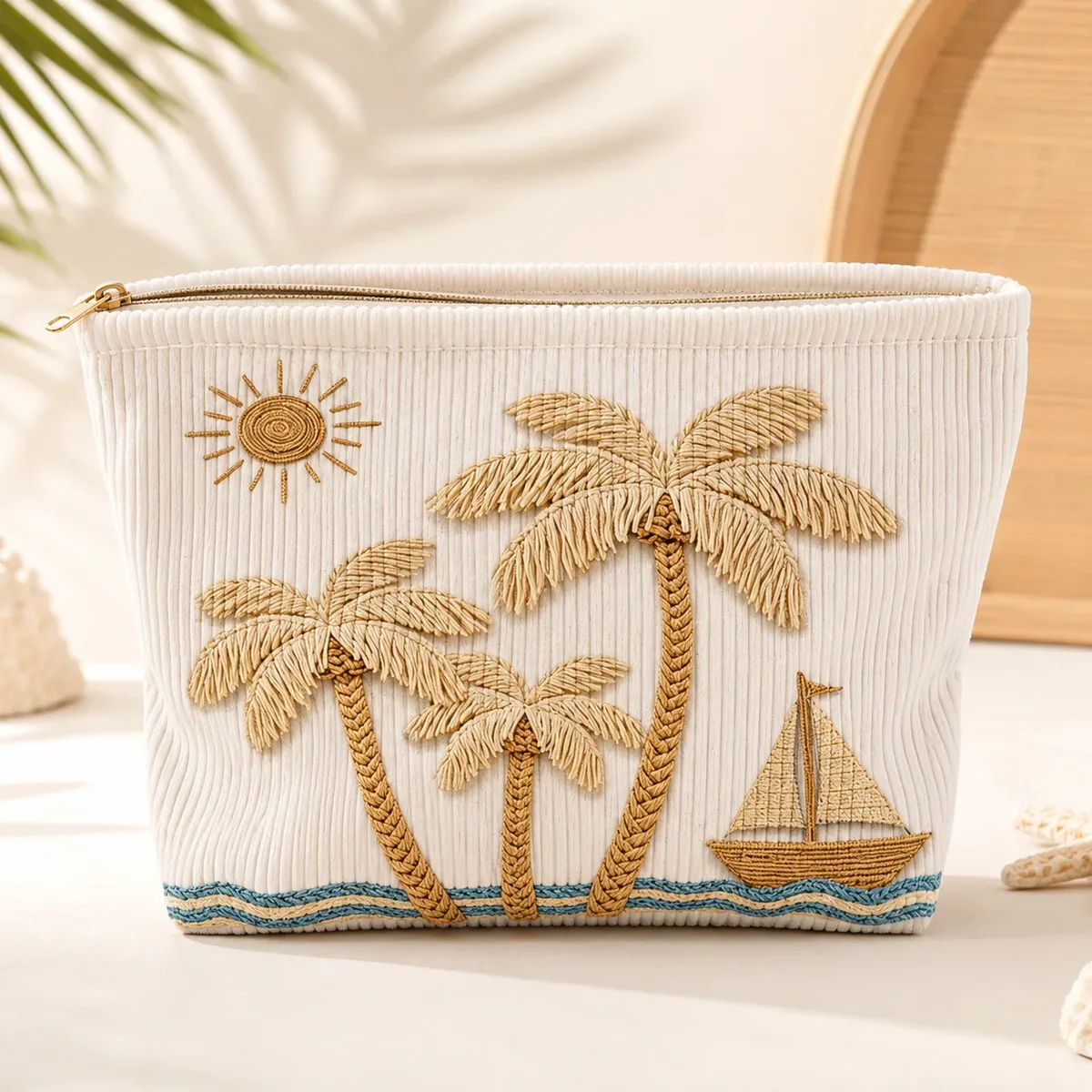 pochette de maquillage en velours côtelé brodée tropicale, grande trousse de toilette de voyage pour femmes, rangement pour articles de toilette de plage