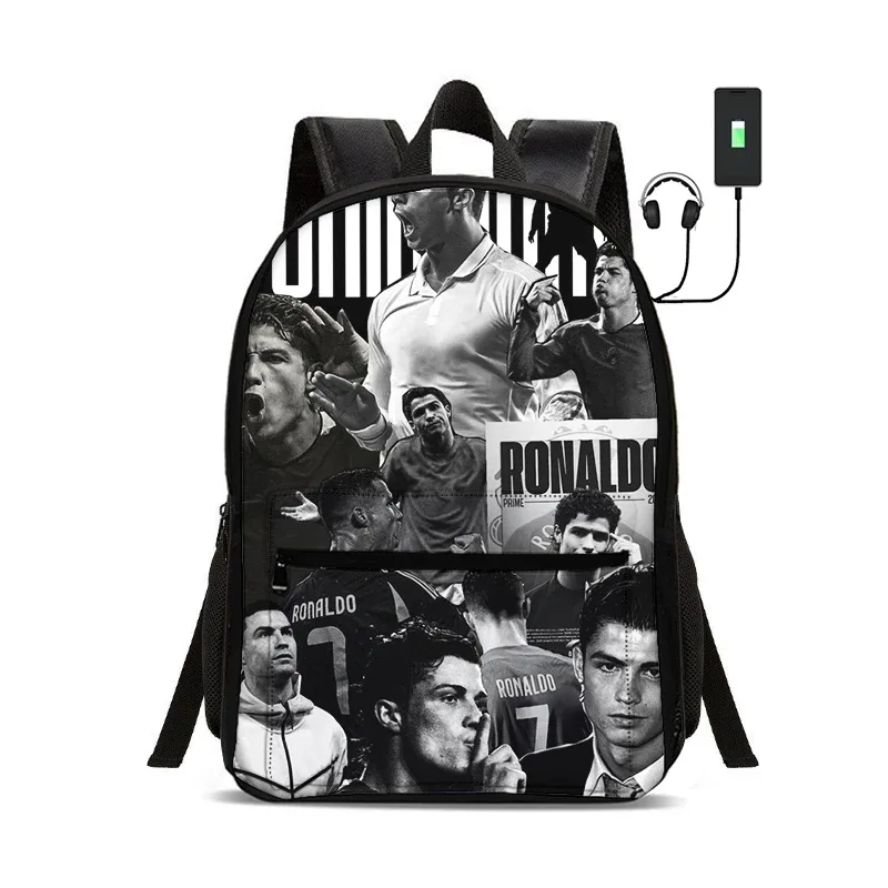 sac à dos de star du football avec interface usb, sac à dos ronaldo pour étudiants, sac à dos pour garçons et filles, meilleur cadeau