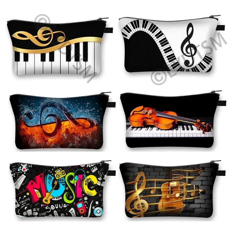 trousse à cosmétiques imprimée note de musique piano, trousse de maquillage pour femmes, pochette à fermeture éclair de grande capacité, organisateur de produits de toilette, sacs à cosmétiques pour dames
