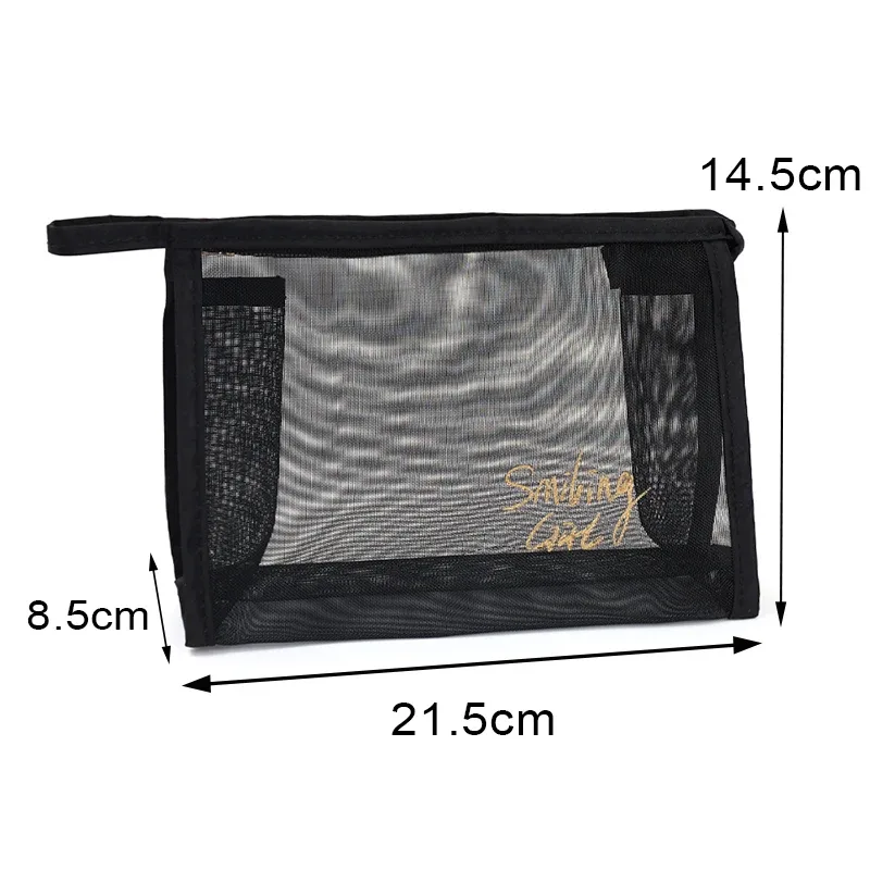 trousse de maquillage en maille noire de grande capacité, pochette de rangement, trousse de toilette décontractée à fermeture éclair, trousse de maquillage pour femmes, sac à cosmétiques de voyage